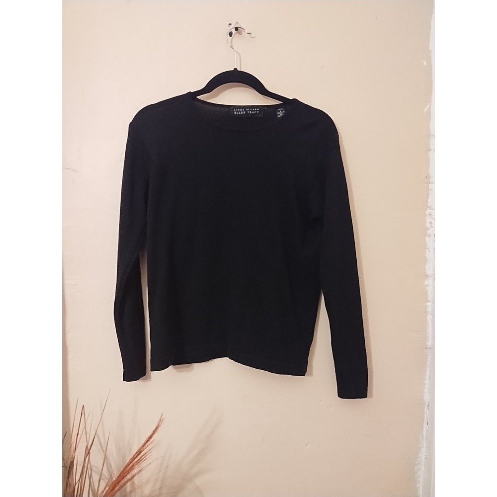 Linda Allard Ellen Tracy Black Merino Wool Sweater Petite L Crewneck Pullover